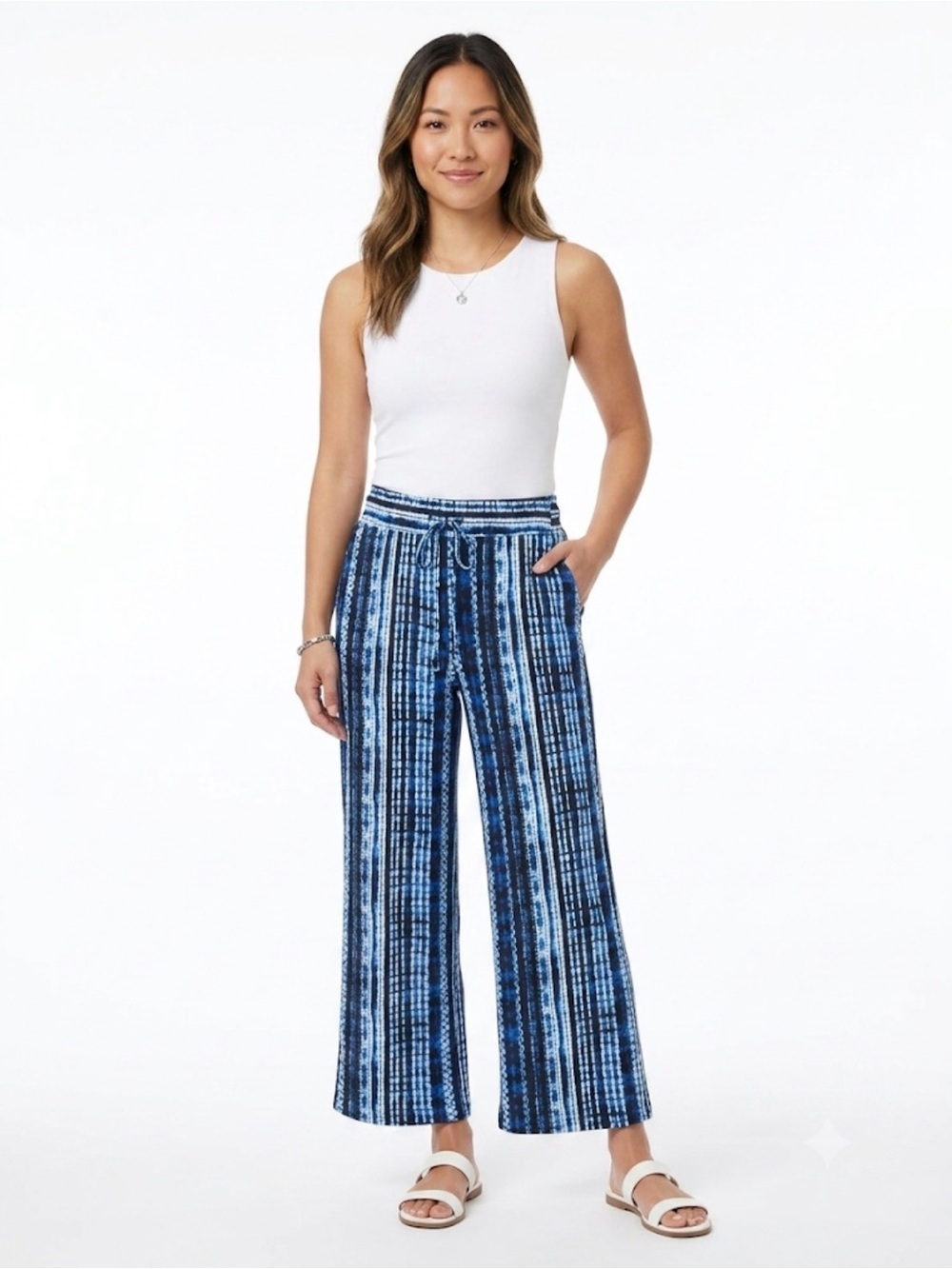 Robert Louis Petite Large Blue Tie Dye Pull On Wide Leg Stretch Pants PL